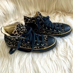 Vintage leopard print high top Chuck Taylors, size 7.5, gently used.